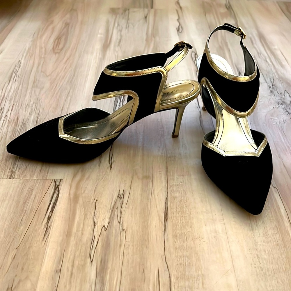 Nicholas Kirkwood Leda black velvet and gold metallic heels size 38